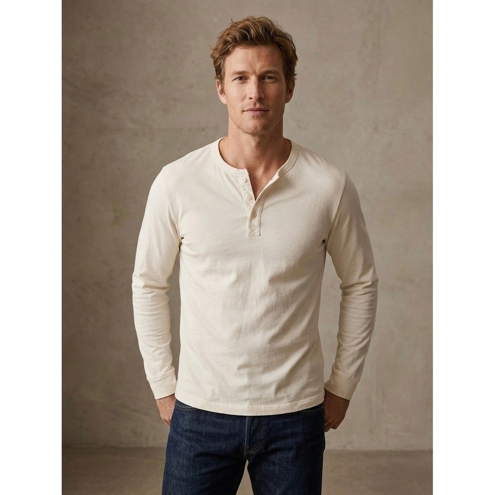 Buck Mason Mens Long Sleeve Henley Shirt Cream Cotton Large BM11010.285